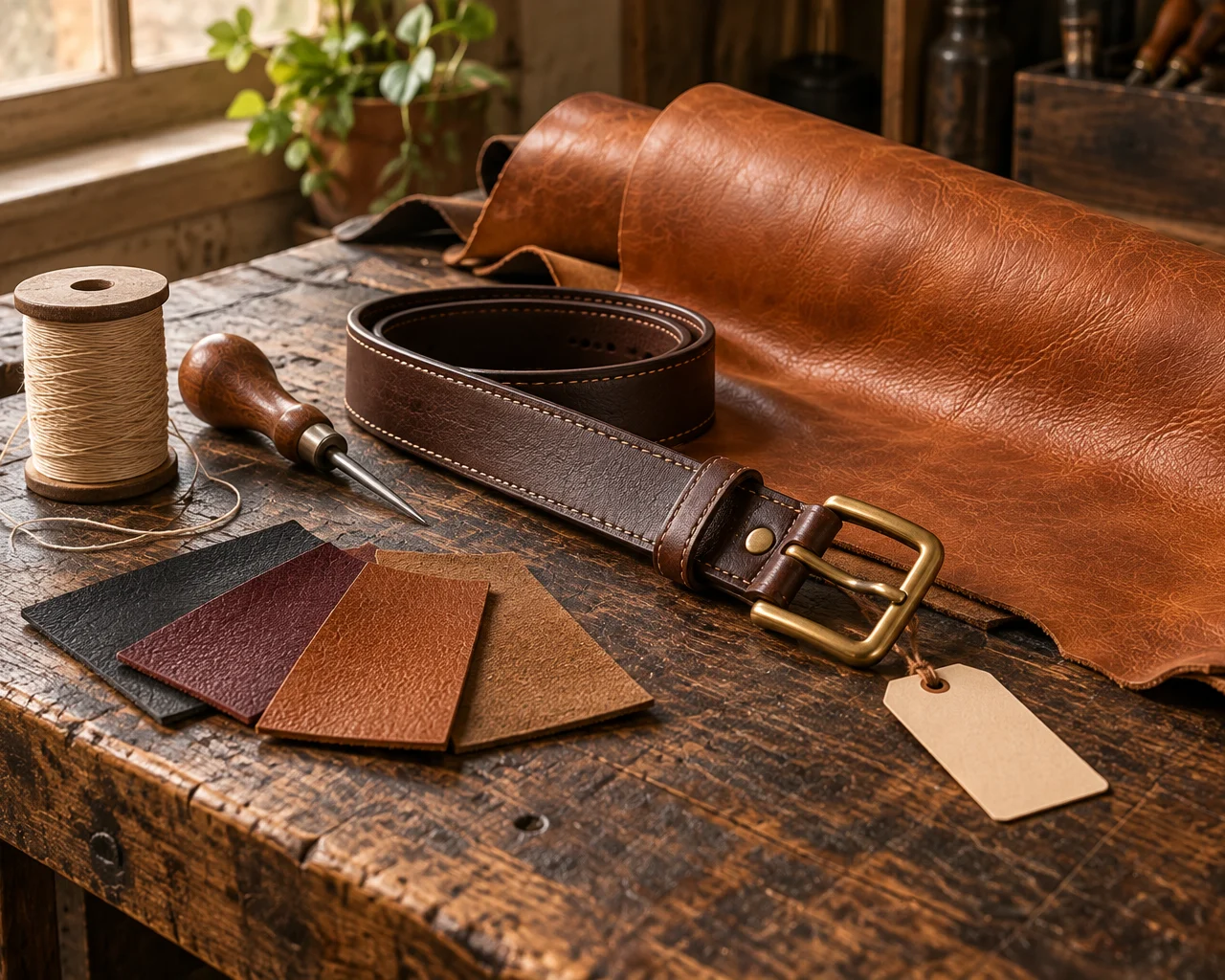 Leather hides, a cut belt, stitching awl and an inspection tag — leather goods development managed by VelvettaStudio in Pakistan